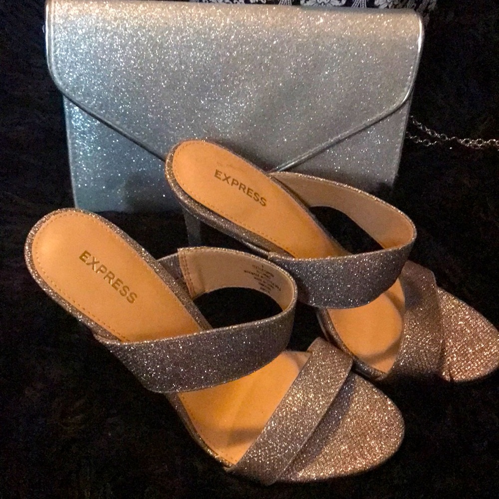 Silver glitter open shoes and matching purse
